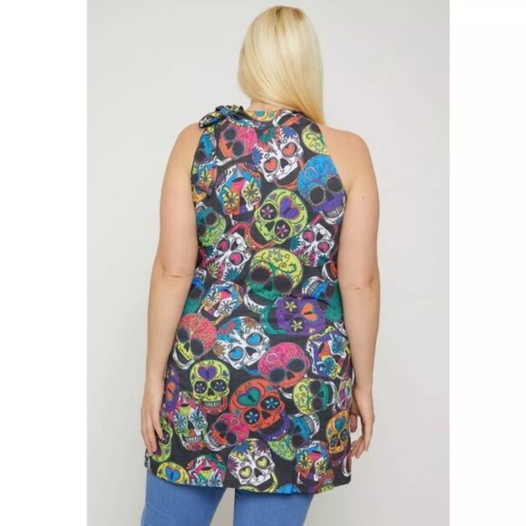 Plus Size Sugar Skull Sublimation Tunic, Halterneck with Tie & Racerback, Multi - Picture 6 of 6